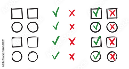 Check and cancel signs doodle icons. yes and no signs on circle and square hand drawn doodle signs. 