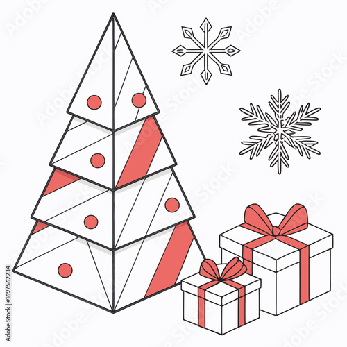 Stylized Christmas Tree with Gifts and Snowflakes present