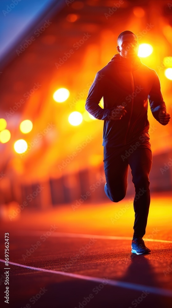 Fototapeta premium Runner in athletic gear sprinting on track during sunset, illuminated by warm city lights in background