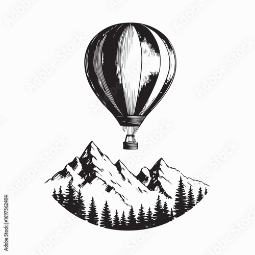 Hot Air Balloon Adventure Above Mount Logo Nature Vector Scene