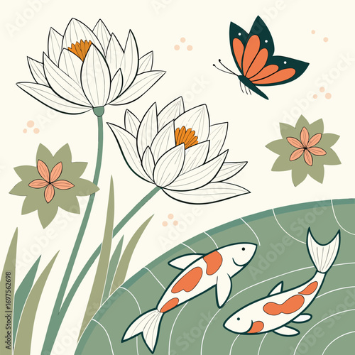 Two Koi Fish Swim Near Lotus Flowers and Butterfly