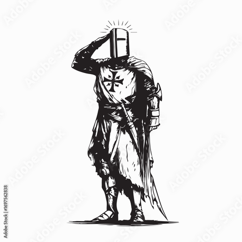 Medieval Templar Knight Standing in Salute Pose Wearing Full Armor and Helmet