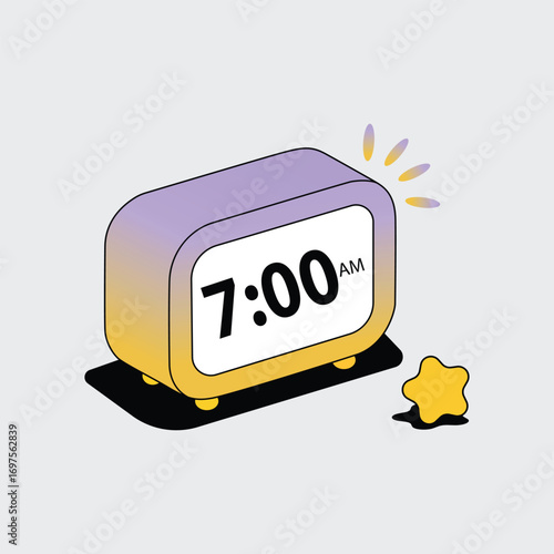 Stylized Isometric Alarm Clock at 7 AM with Star Symbol Represents Wake Up Time and Morning Routine Concept