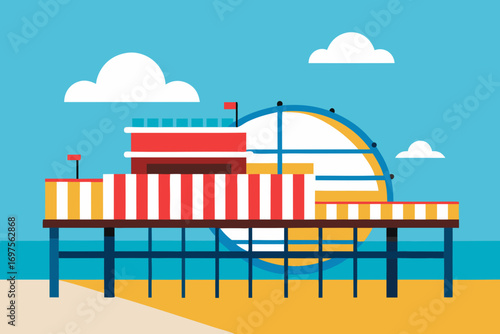 Colorful boardwalk pier with ferris wheel and ocean view under blue sky