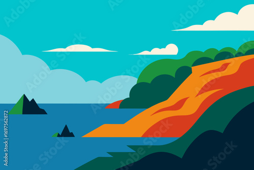 Stylized coastal landscape with vibrant orange cliffs and green hills under a blue sky