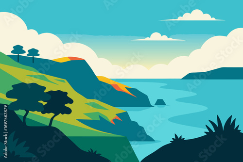 Stylized coastal landscape with rolling green hills and blue ocean under a cloudy sky