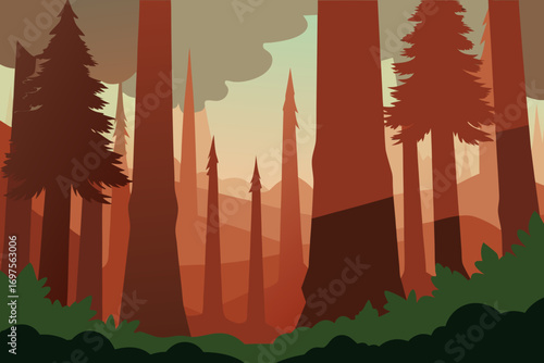 Stylized forest landscape with tall redwood trees and layered hills