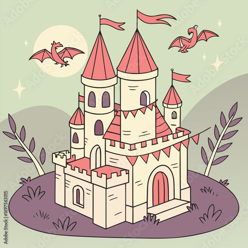 Whimsical Castle with Flying Dragons and Stars fairy tale