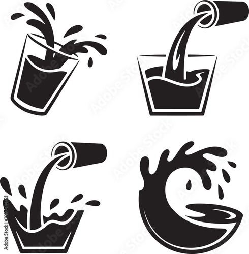 Black & White Vector Splash Illustrations – Stylized Liquid Motion in Drink Glasses 