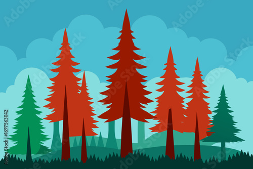 Stylized forest landscape with red and green pine trees under a cloudy blue sky
