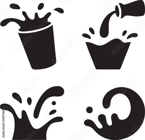 Black & White Vector Splash Illustrations – Stylized Liquid Motion in Drink Glasses 