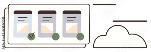 Task cards with checknotification icons represent progress tracking in a cloud system. Ideal for workflow automation, productivity, digital organization, remote work, collaboration, cloud storage