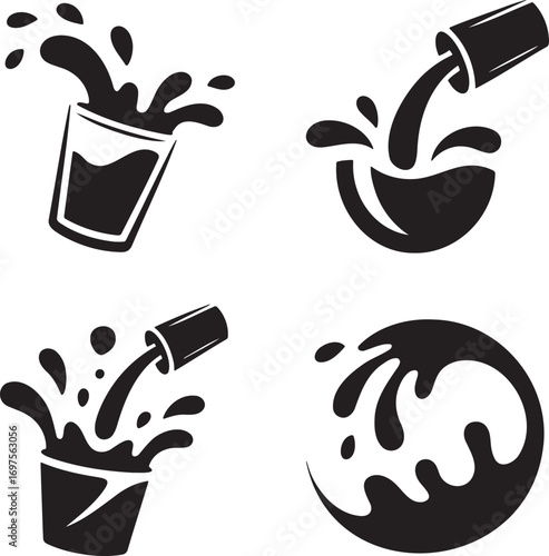 Black & White Vector Splash Illustrations – Stylized Liquid Motion in Drink Glasses 