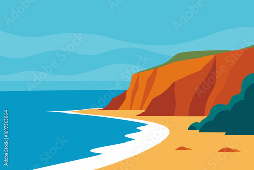 Stylized illustration of a coastal landscape with orange cliffs and blue ocean