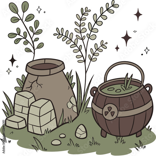 Whimsical Witchy Cauldron and Ancient Pot Illustration Keywords: witch, cauldron, potion, magic
