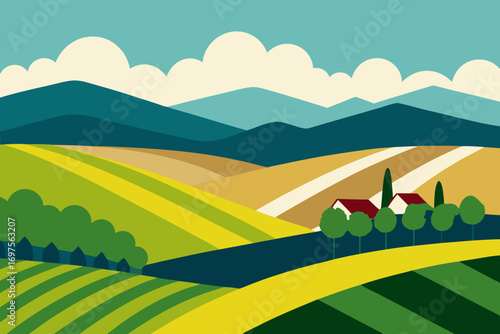 Stylized landscape with rolling hills farms and distant mountains under a cloudy sky