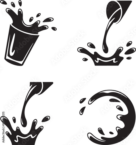 Black & White Vector Splash Illustrations – Stylized Liquid Motion in Drink Glasses 