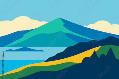 Stylized abstract landscape with mountains lake and clouds in vibrant colors