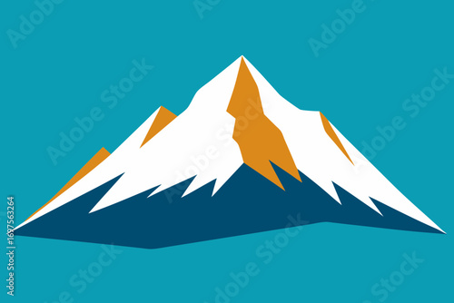 Stylized mountain peaks with snow and orange accents on teal background