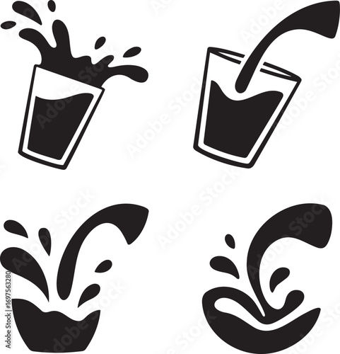 Black & White Vector Splash Illustrations – Stylized Liquid Motion in Drink Glasses 