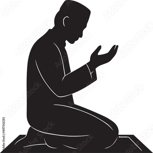 Islamic silhouette of Muslim man praying on prayer mat Dua Salah Ramadan Islamic worship spirituality faith devotion religion peace meditation and spiritual reflection