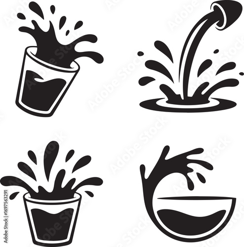 Black & White Vector Splash Illustrations – Stylized Liquid Motion in Drink Glasses 