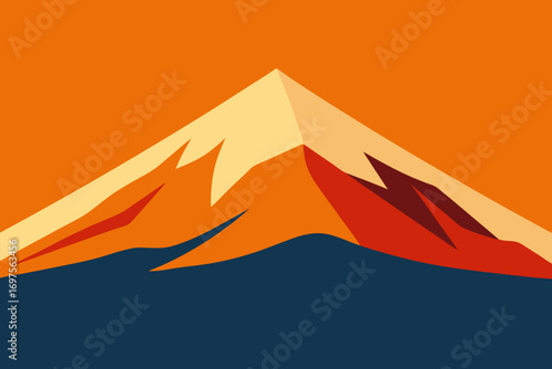 Stylized geometric mountain peak against a vibrant orange sky