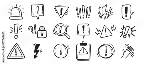 Warnings related hand drawn doodle simple icons set. Vector line drawing warnings related icons.