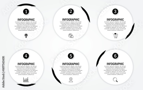 Business infographic with circular white diagram and 60-degree black border | Marketing representation with 6 steps or option with timeline and icon web, presentation