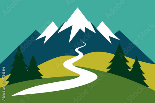 Stylized mountain landscape with a winding road leading to snow capped peaks