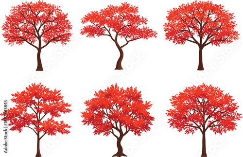 Collection of six red autumn deciduous trees with unique shapes, seasonal foliage, vector illustration for nature design, education, and decoration