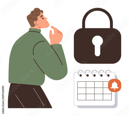 Man in green pondering security represented by a padlock icon, alongside a calendar reminder with a red notification. Ideal for privacy, password protection, planning, reminders, deadlines