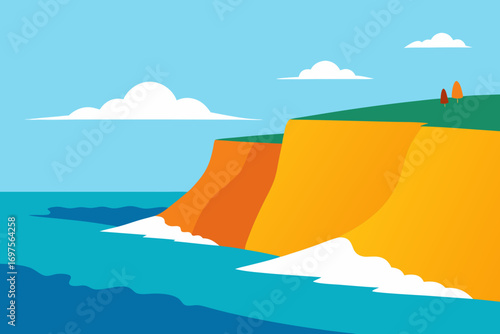 Vibrant flat illustration of coastal cliffs meeting the blue ocean with white waves