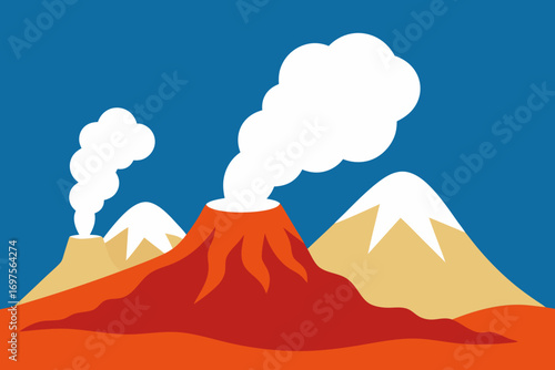 Stylized illustration of three volcanoes erupting with smoke against a blue sky