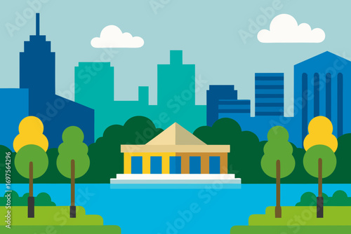 Modern flat design cityscape with park and lake