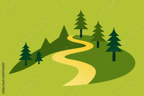 Winding yellow path through green hills and pine trees in a stylized landscape