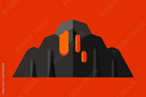 Stylized flat illustration of a dark gray volcano with orange lava flowing down its sides