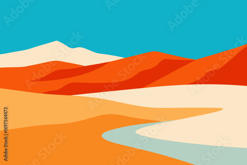 Abstract desert landscape with flowing river and distant mountains under blue sky