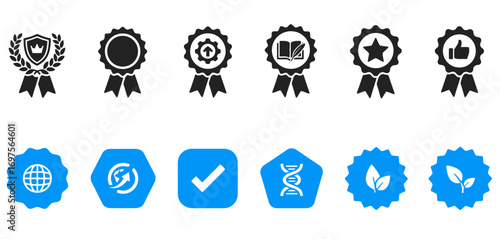 Set of award and certification icons. Black badge ribbons with crowns, stars, thumbs up, books, gears, plus blue eco, DNA, checkmark, and global icons. Vector style, isolated.