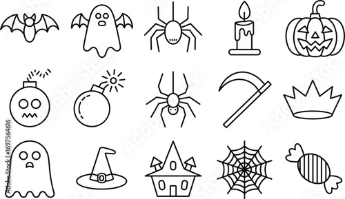 Halloween Icons Set Bat Ghost Spider Candle Pumpkin Bomb Scythe Crown Keywords: halloween, icon, set, bat, ghost, spider, candle