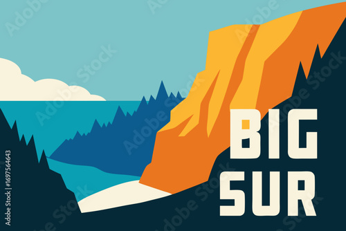 Big sur california coastal landscape with orange cliffs and blue ocean