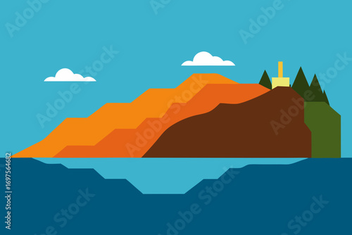 Stylized flat illustration of a coastal landscape with a lighthouse on a cliff overlooking the sea