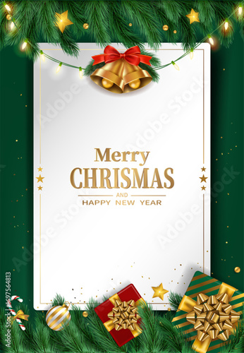 Upright Christmas card, with a white card in the middle and decorations such as conifers, gifts, and Christmas bells on the top and bottom