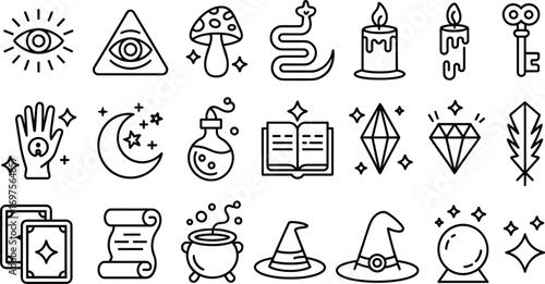 Mystical and magical symbols and icons in a clean line art style witchcraft