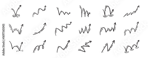 Bounce effect arrows doodle set. Manga and comic stile arrow design elements. Ball jump trajectory, ball motion expression