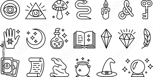 Mystical and magical symbols and icons in a clean line art style witchcraft
