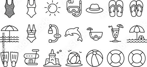 Summer vacation and beach icons in a simple line art style symbol