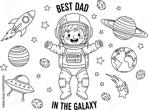 Joyful child astronaut celebrates being the 'Best Dad in the Galaxy' surrounded by planets and stars