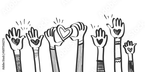 Doodle hands up, Hands clapping with love. Concept of charity and donation. Give and share your love to people. applause gestures