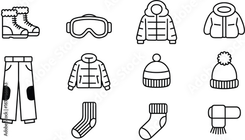 Winter Clothing and Accessories Line Art Icons Set Keywords: winter, clothing, accessories, boots, ski goggles, jacket, coat